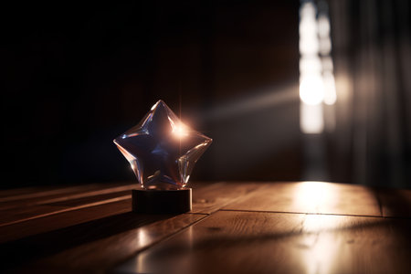 Glass star award on wooden table. Award concept. Selective focusの素材