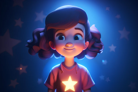 3D illustration of a little girl with stars in the background.の素材