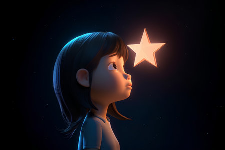 3D Illustration of a little girl with a star in her handの素材
