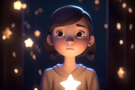 3D rendering of a girl in a dark room with a glowing garlandの素材