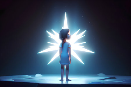 3d rendering of a girl standing in front of a luminous backgroundの素材