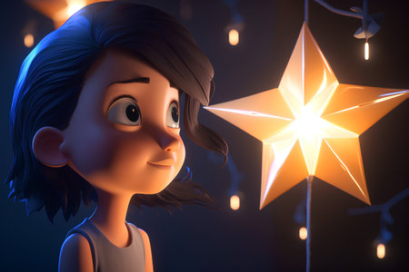 3D rendering of a cartoon character with a star in the backgroundの素材