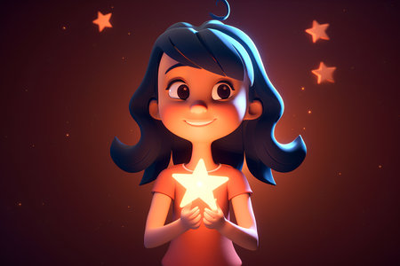 Cute cartoon girl holding a star. 3d render illustration.の素材