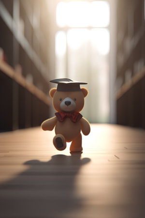 Teddy bear in graduation cap on wooden floor. Education concept.の素材