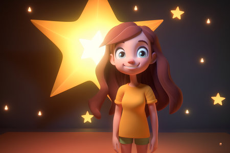 3D Render of a cartoon girl with star and starry backgroundの素材