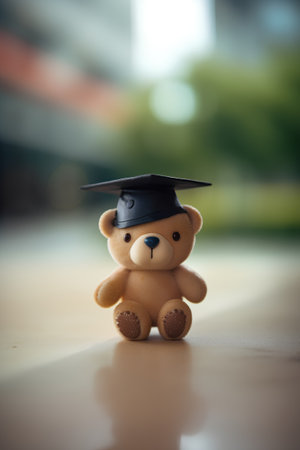 Teddy bear with graduation cap on the floor. Selective focus.の素材