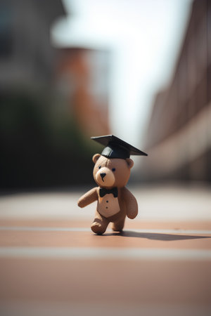Teddy bear with graduation cap on the background of the city.の素材