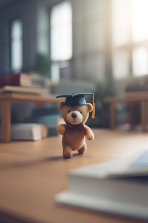 Teddy bear with graduation cap and book on table in classroom.の素材