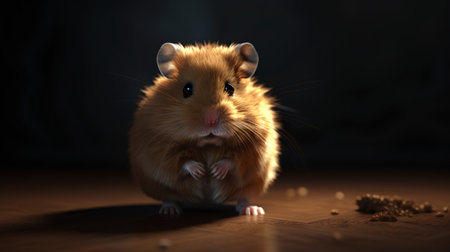Hamster on a wooden floor in front of a dark background.の素材
