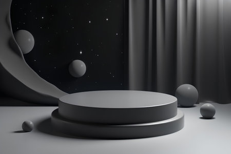 Black podium on a black background. 3d rendering, 3d illustration.の素材