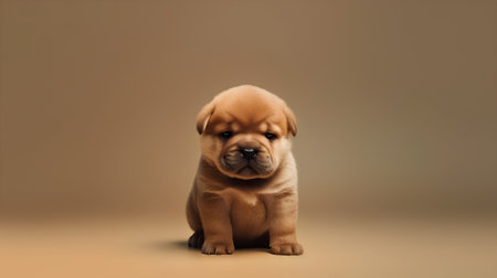 chinese shar pei puppy sitting on brown background with copy spaceの素材