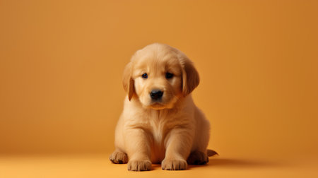 Studio shot of adorable Golden Retriever puppy on orange background.の素材