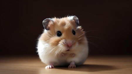 Hamster on a wooden floor in front of a dark background.の素材