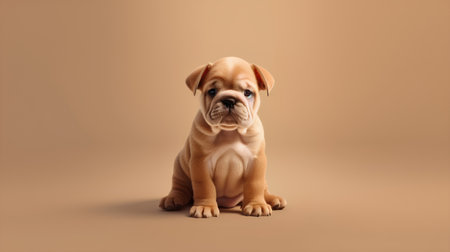 Puppy of the English Bulldog sitting on a brown backgroundの素材
