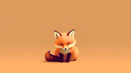 Cute fox sitting on orange background. 3d render illustration.の素材