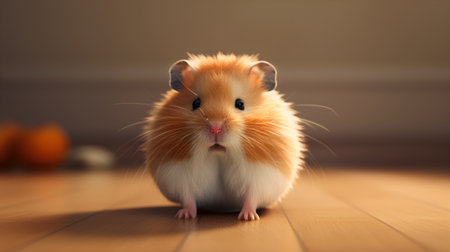 Hamster on a wooden floor in the room with an orange backgroundの素材