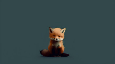 cute fox sitting on the floor in front of a dark backgroundの素材