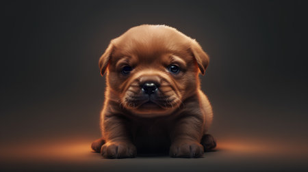 Studio portrait of a cute puppy on a dark background with a shadowの素材