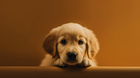 Golden Retriever puppy on a brown background. Studio shot.の素材