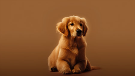 Golden Retriever puppy sitting and looking at the camera on brown backgroundの素材