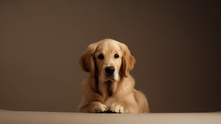 Studio shot of a golden retriever sitting on a brown background.の素材