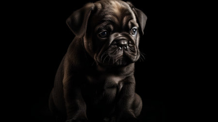Puppy of French Bulldog on black background, studio shotの素材