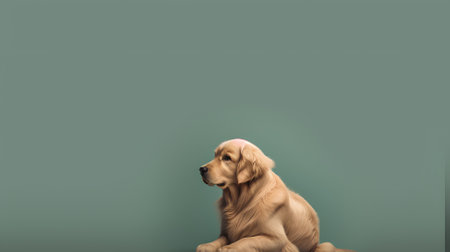 Golden Retriever sitting on a green background with copyspaceの素材