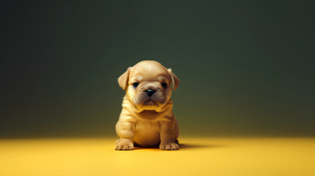 Funny puppy of chocolate color on a yellow background. Studio shot.の素材