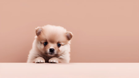 Cute little pomeranian puppy sitting on a pink background.の素材