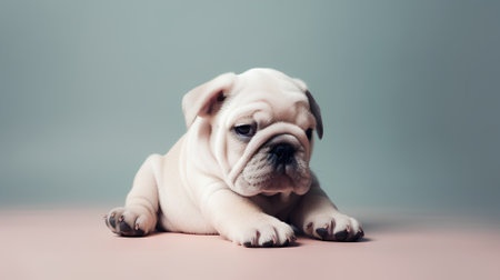 Puppy of English Bulldog, studio shot on grey backgroundの素材