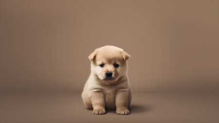 Cute little puppy sitting on a brown background with copy space.の素材