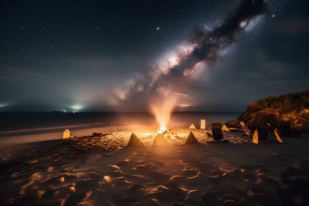 Beautiful night landscape with milky way and fire on the beachの素材