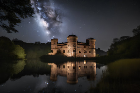 Fantastic night landscape with milky way over the medieval castle in the middle of the forestの素材