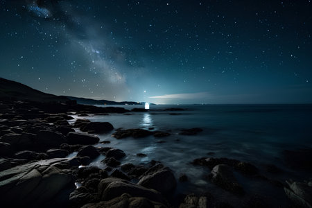 Milky way over the sea and rocks at night. Long exposureの素材