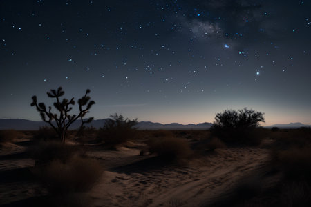 Desert landscape with starry sky, Joshua Tree National Park, California, USAの素材