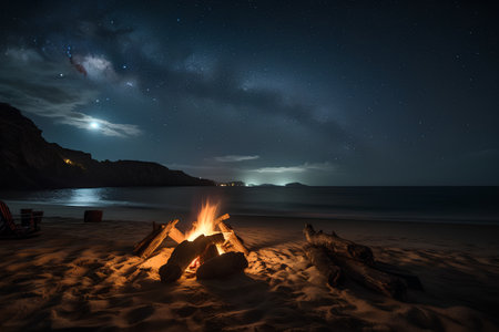 Beautiful night landscape with a bonfire on the beach and starry skyの素材