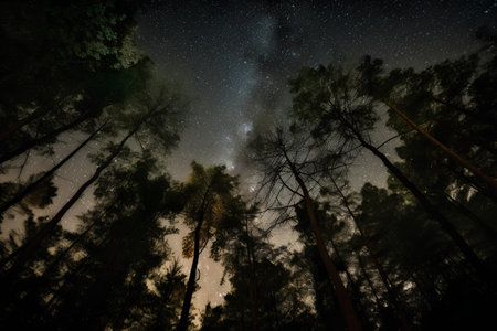 Milky way in the forest, starry sky and pine treesの素材