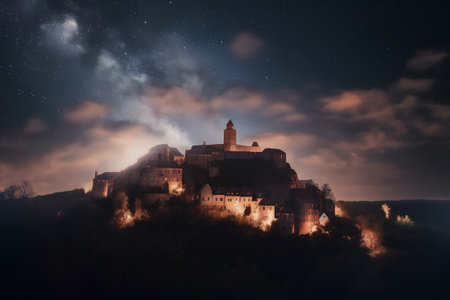 Fantastic view of medieval castle at night with starry skyの素材