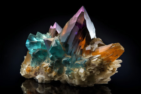 Aquamarine on the black background. Multicolored crystals.の素材