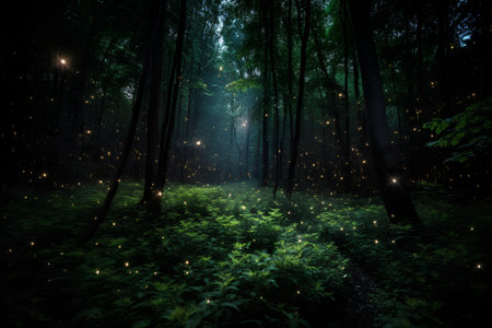 Mysterious dark forest with light rays coming through the trees.の素材