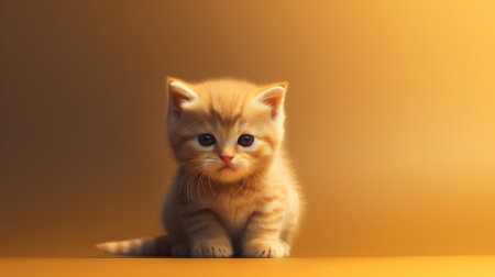 Cute little kitten sitting on yellow background. Studio shot. Copy space.の素材