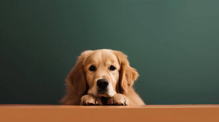 Golden Retriever puppy in front of a green chalkboard.の素材