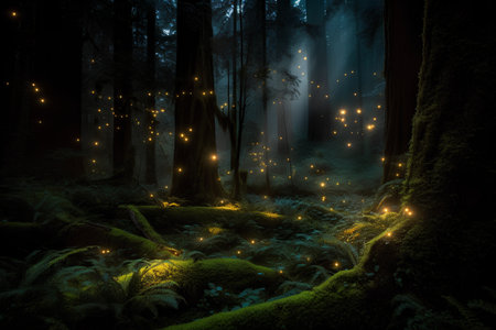 Fantasy forest with magic light at night. 3D rendering.の素材