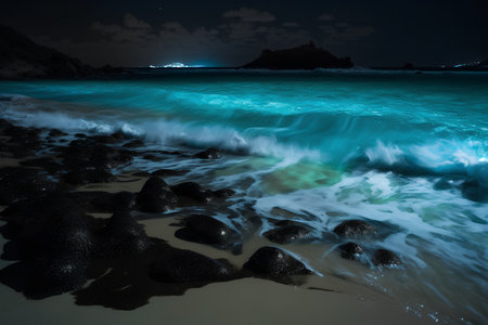 Beautiful seascape at night with blue and turquoise waterの素材