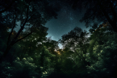 Night starry sky over the forest. Elements of this image furnished by NASAの素材