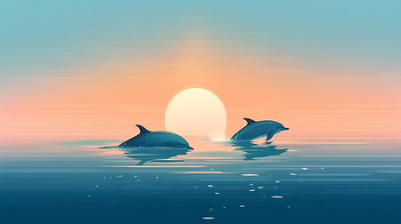 Two dolphins swimming in the sea at sunset time. Vector illustration.の素材