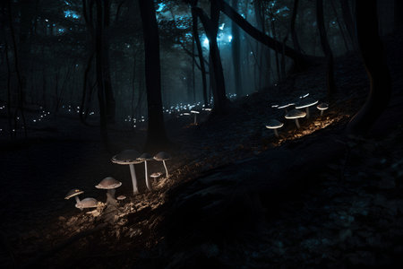 Mysterious mushrooms in the forest at night, 3d renderの素材