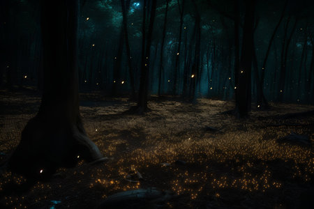 Mysterious dark forest with glowing lights, 3d digitally rendered illustrationの素材