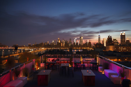 Night view of New York City Manhattan from a rooftop terrace.の素材