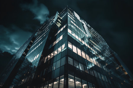Modern office building at night. Business concept. 3D Renderingの素材